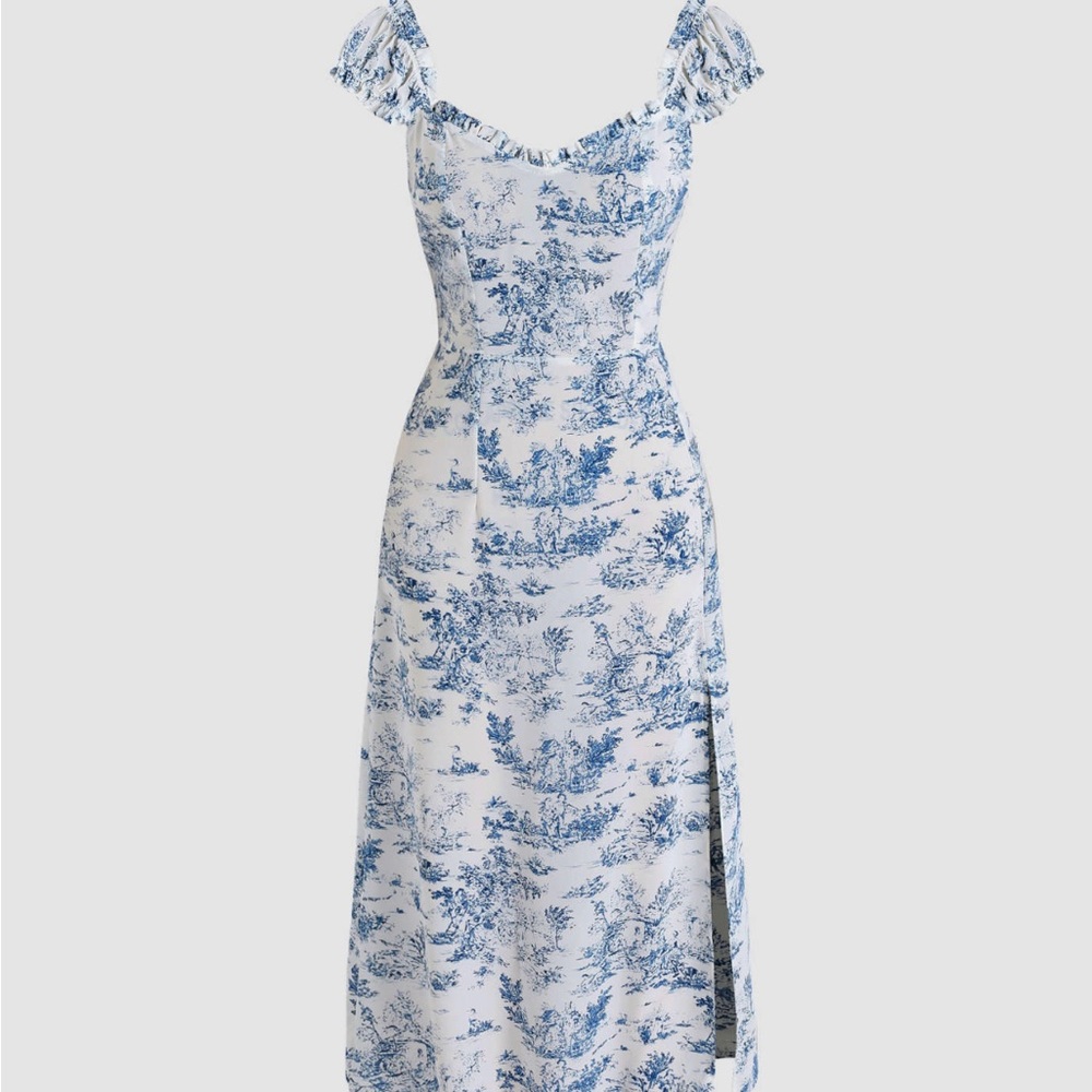 Cider Toile de Jouy Ruffle Trim Slit Midi Dress NWT